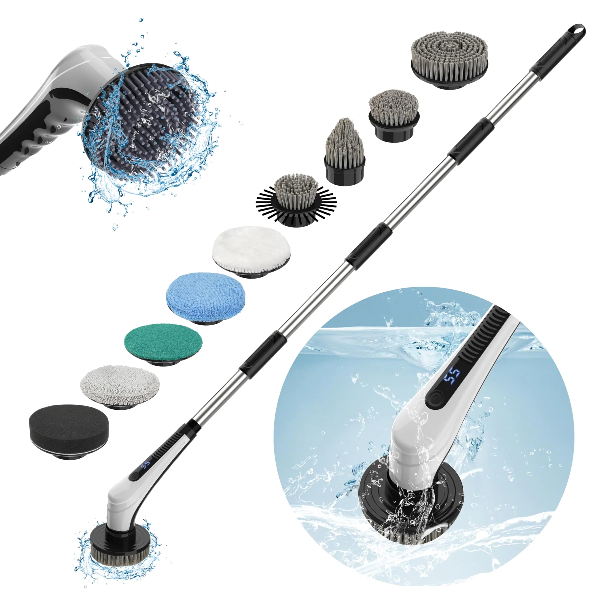 Electric Spin ScrubberShower Scrubber with Long HandleShower Cleaning Brush with 10 Replaceable Brush Heads Power Scrubber 2 Adjustable SpeedsIP68 Waterproof Bathroom Scrubber